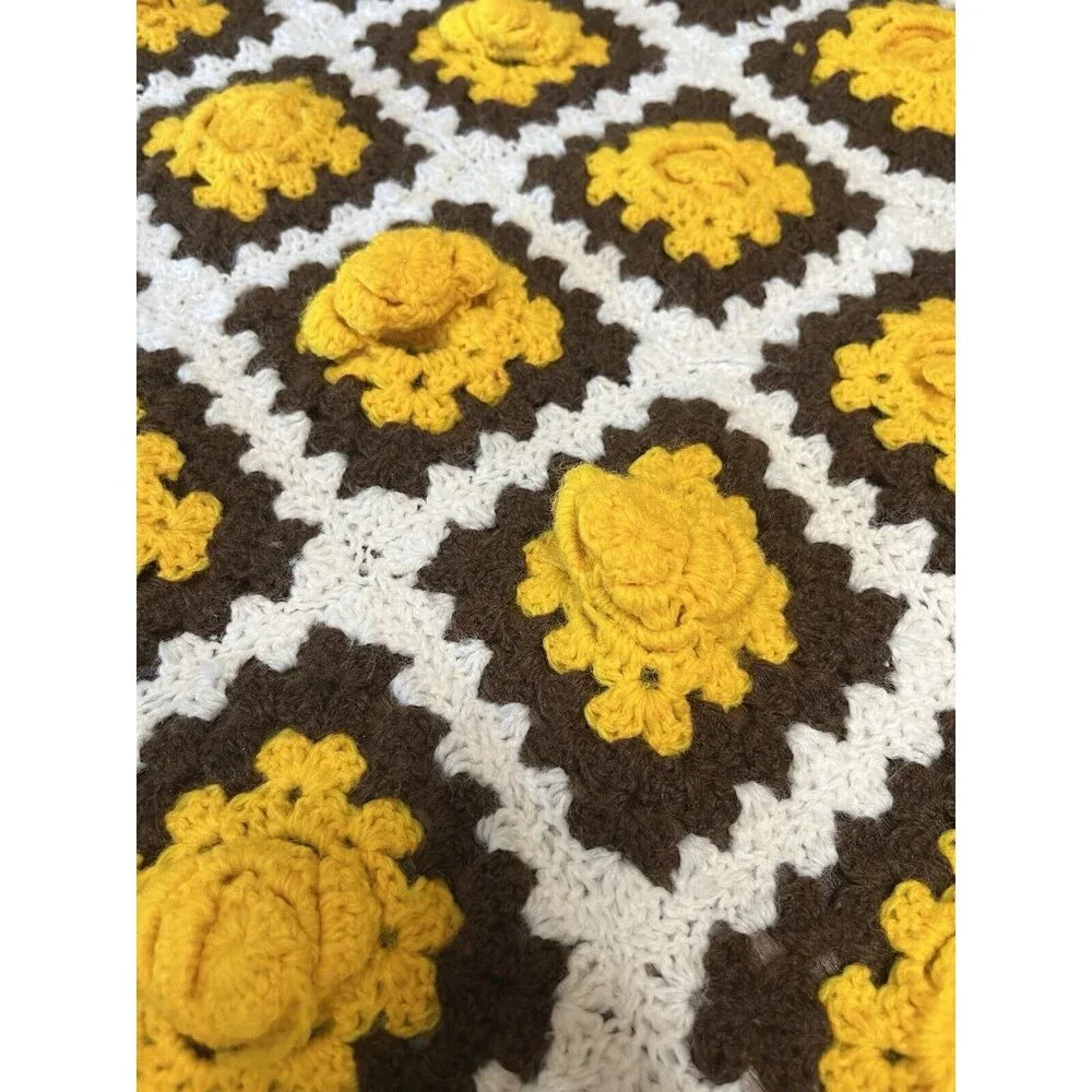 Handmade Crochet‎ Knit Floral Granny Square Blanket Yellow Brown White 55”x42”